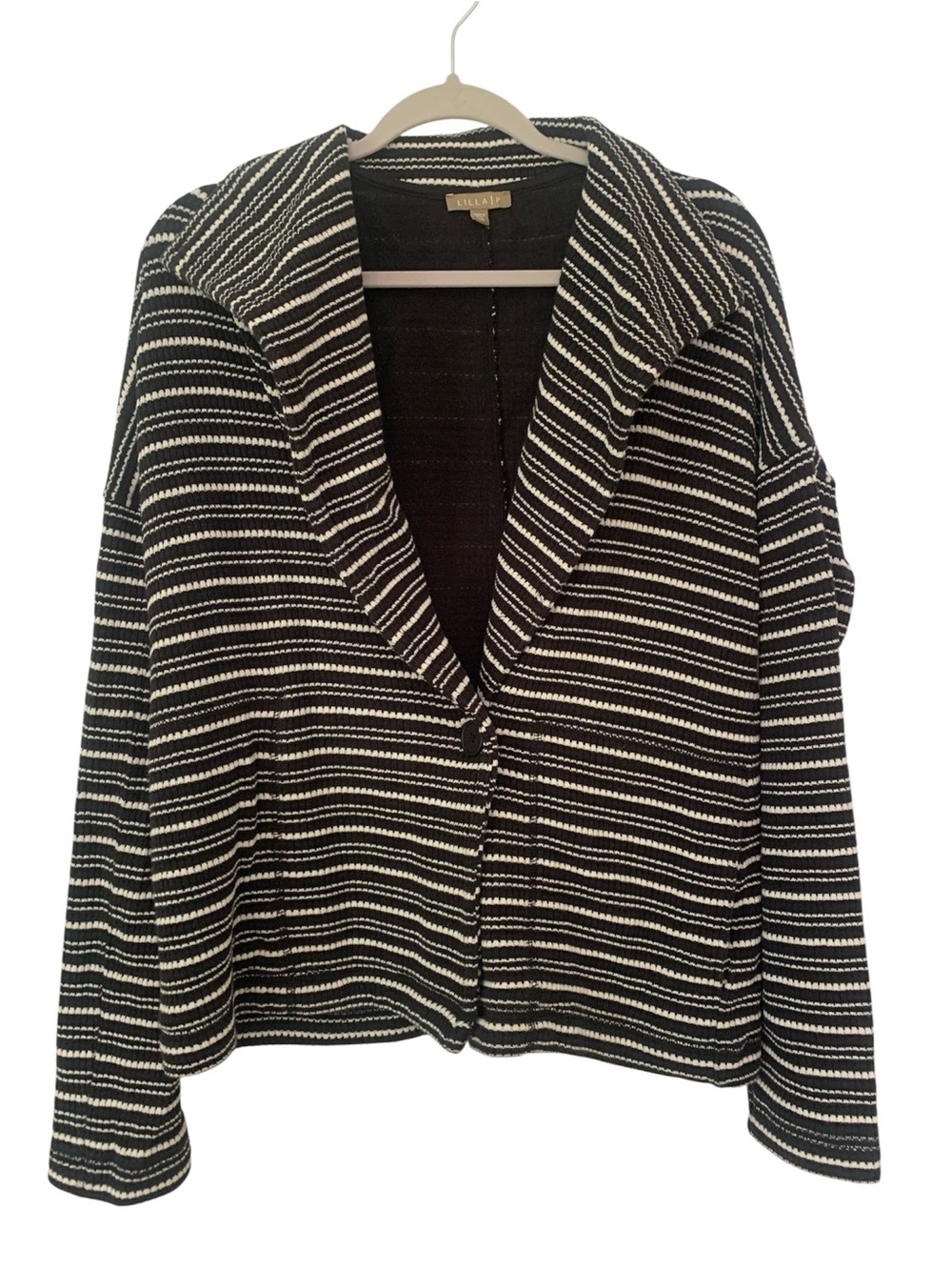 Lilla P Black Ivory Striped Cotton Knit Collared Cardigan Jacket Buttoned P/S